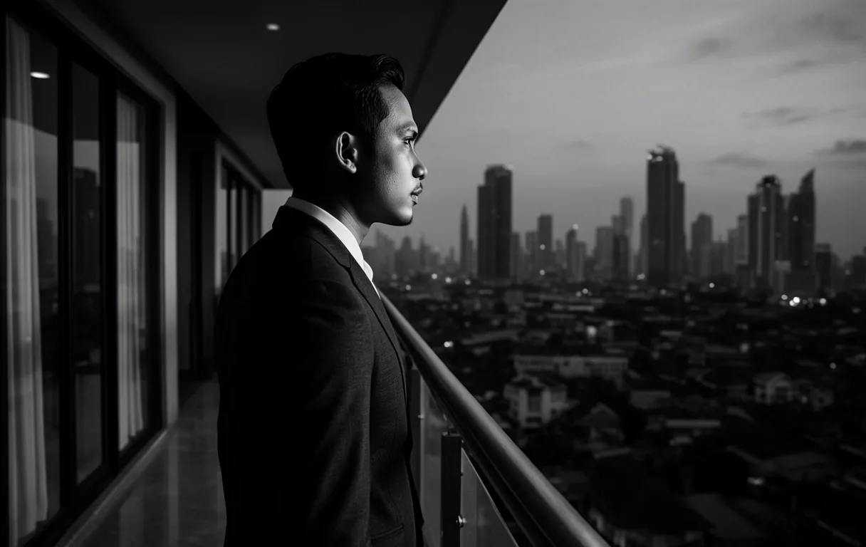 Modern Indonesian professional overlooking Jakarta